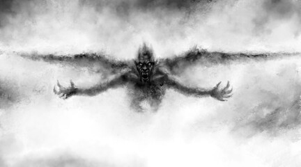 Illustration of scary flying vampire with wings. Fantasy drawing for creepy Halloween. Black and white horror genre picture. Spooky face of beast from nightmares. Grunge, coal and noise effects.