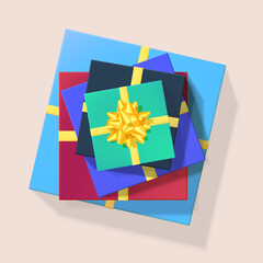 Stack of colored gift boxes with golden ribbons and bow tie. Vector 3d illustration. Top-down view