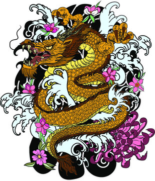 Japanese Dragon tattoo vector and  hand drawn illustration.hand drawn colorful Dragon tattoo, coloring book japanese style