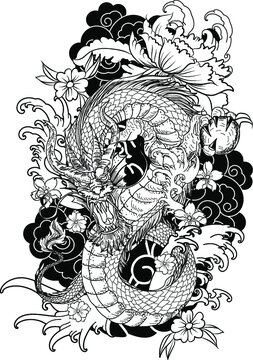 Japanese Dragon tattoo vector and  hand drawn illustration.hand drawn colorful Dragon tattoo, coloring book japanese style