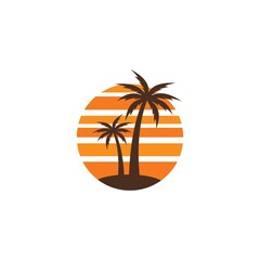 Palm tree with sunset nature icon concept illustration