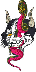 Japanese snake demon tattoo vector and  hand drawn illustration.Hand drawn Oni skull entwined by snake.japanese tattoo ; oni mask and snake tattoo.Japanese Demon mask with king cobra tattoo design.