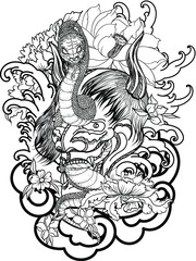 Japanese snake demon tattoo vector and  hand drawn illustration.Hand drawn Oni skull entwined by snake.japanese tattoo ; oni mask and snake tattoo.Japanese Demon mask with king cobra tattoo design.