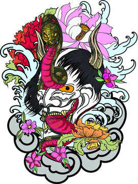 Japanese snake demon tattoo vector and  hand drawn illustration.Hand drawn Oni skull entwined by snake.japanese tattoo ; oni mask and snake tattoo.Japanese Demon mask with king cobra tattoo design.