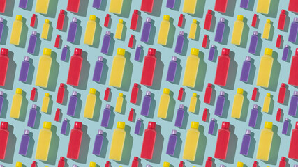 Colorful plastic bottles on a blue background.