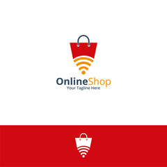 Online Shop Logo designs Template. Illustration vector graphic of shop bag and wifi icon combination logo design concept. Perfect for Ecommerce,sale, discount or store web element. Company emblem.