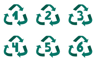 Hand drawn recycle sign for plastic grade number 1 through 6. Vector illustration