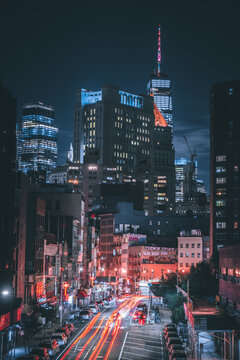 city skyline at night New York buildings 