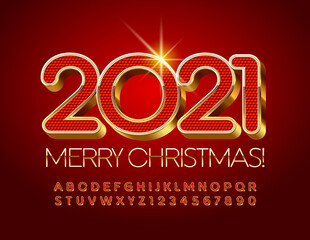 Vector chic card Merry Christmas 2021! Red and Gold 3D Font. Luxury Alphabet Letters and Numbers set