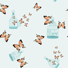 Seamless pattern with tropical beautiful butterflies and a cage.