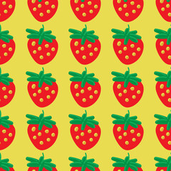 red strawberries on yellow background, bright summer vector seamless pattern, cute simple drawing
