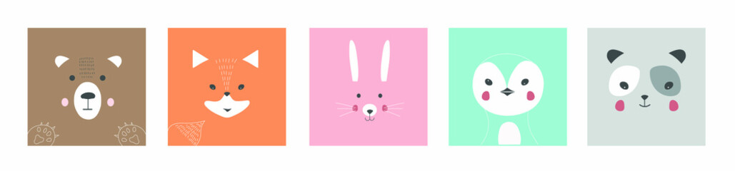Cute simple portraits of animals, faces of wild animals: bear, Fox, hare, penguin, Panda. Design of children's clothing. Cartoon character. Vector illustration.
