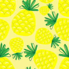 yellow pineapples on yellow background, bright summer vector seamless pattern, cute simple drawing