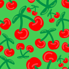 cherry berries on a branch on a green background, bright summer vector seamless pattern, cute simple drawing