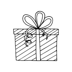 gift box with bow and ribbon hand drawn doodle. single element for design icon, sketch, Scandinavian, minimalism, monochrome, sticker, card, poster. holiday, new year, birthday, christmas