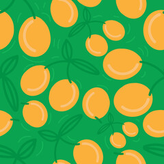 orange apricot on a branch on a green background, bright summer vector seamless pattern, cute simple drawing