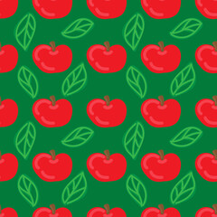 red apple with leaves on a green background, bright summer vector seamless pattern, cute simple drawing