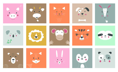 Cute simple animal portraits, animal faces: Koala, lion, monkey, tiger, sloth, pig, bull, cat, dog, sheep, bear, Fox, hare, penguin, Panda. Design of children's clothing. Cartoon character. Vector ill