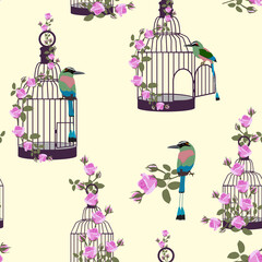 Seamless beautiful vector illustration with exotic birds, cage and roses.