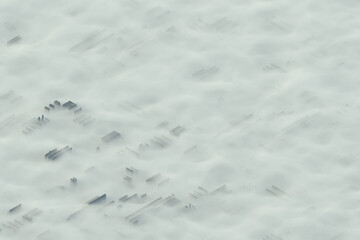 aerial view of a city hidden in a layer of thick fog, 3D illustration