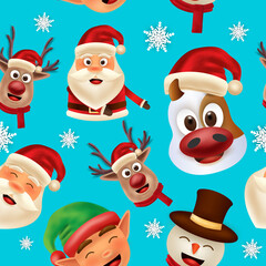 Merry Christmas with Santa Clause, deer, snowman, elf and bull seamless pattern. Holiday cartoon vector. 
