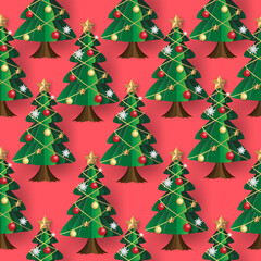 Merry Christmas and happy new year with green Christmas trees on pastel red. Holiday seamless pattern vector. 