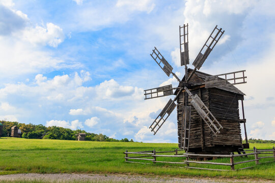 Old wooden windmill in Pyrohiv (Pirogovo) village near Kiev, Ukraine