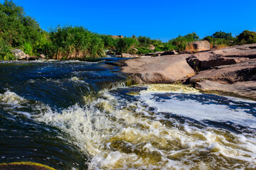 View of Tokovsky waterfalls on the Kamenka river in Dnipropetrovsk region, Ukraine