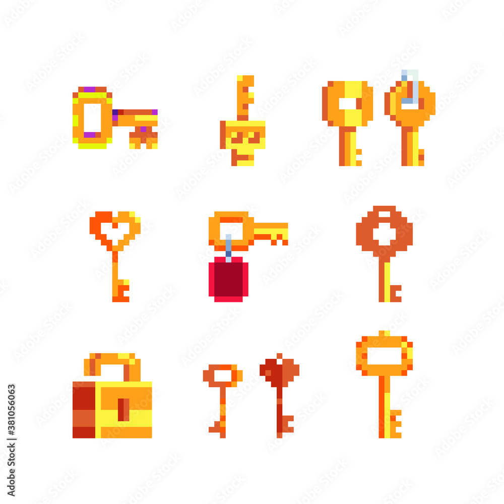 Poster key and lock pixel art icons set. design for logo, stickers, web and mobile app. isolated vector ill