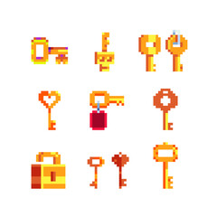 Key and lock pixel art icons set. Design for logo, stickers, web and mobile app. Isolated vector illustration. 8-bit sprite.