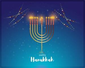 Fototapeta na wymiar Vector illustration of Happy Hanukkah greeting, Jewish holiday, menorah (ancient Hebrew lampstand) and burning candles, confetti party flags, bokeh background, holiday wishes banner.