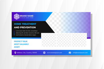 Horizontal flyer design of home treatment and prevention with combination blue gradient, black and white colors. Space for photo collage. 