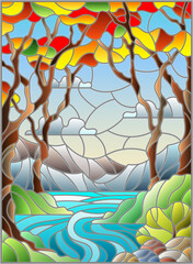 Naklejki  Ilustracja w stylu witrażu ze skalistym potoku na tle słonecznego nieba, gór, drzew i pól, jesienny krajobraz