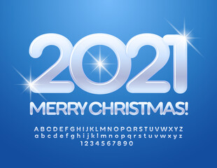 Vector greeting card Merry Christmas 2021! Snow white Font. Modern glossy Alphabet Letters and Numbers set