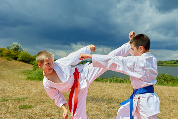 Two sportsmen on the background of nature with a red and blue belt doing punches and blocks of karate