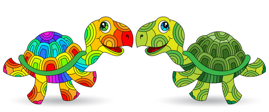 Set of stained glass elements with funny cartoon  turtles , isolated images on white background