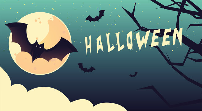 happy halloween bats with moon and tree vector design