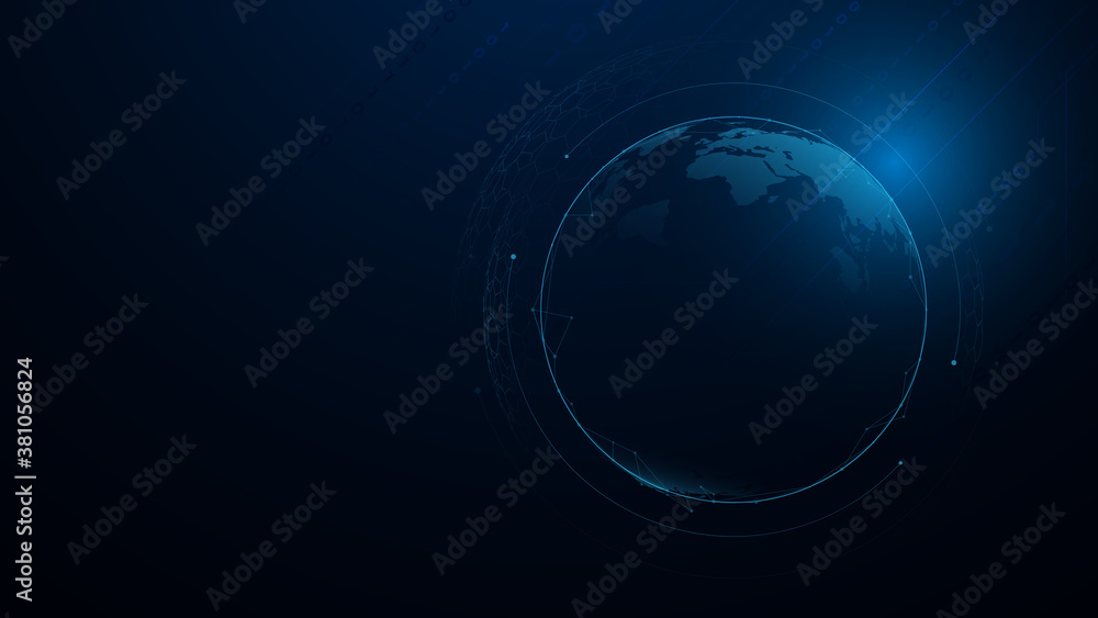 Aufkleber global world network and telecommunication. world map. abstract futuristic and technology background