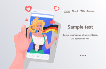 woman in mask holding salty pretzel and flag Oktoberfest party festival celebration self isolation coronavirus pandemic concept smartphone screen portrait horizontal copy space vector illustration