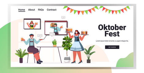 people in medical masks drinking beer discussing with friends in web browser windows during video call Oktoberfest party celebration coronavirus quarantine horizontal full length copy space vector