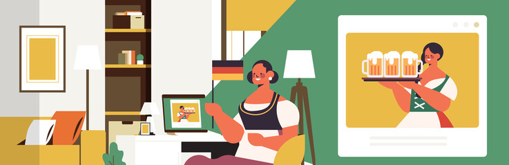 Oktoberfest party celebration woman with beer mugs discussing with girl in traditional clothes during video call living room interior horizontal portrait vector illustration