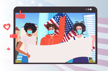 people in masks holding usa flags labor day celebration coronavirus quarantine self isolation concept online communication web browser window horizontal portrait vector illustration