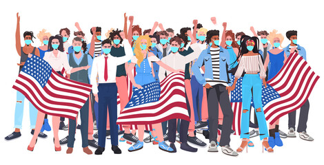 mix race people crowd in masks standing together labor day celebration coronavirus quarantine concept full length horizontal vector illustration