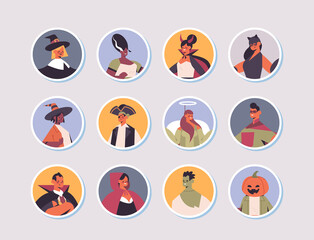set mix race people in different costumes happy halloween party celebration concept men women avatars collection flat portrait vector illustration
