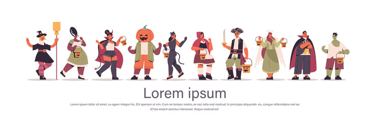 Naklejka premium set mix race people in different costumes standing together happy halloween party celebration concept flat full length horizontal copy space vector illustration