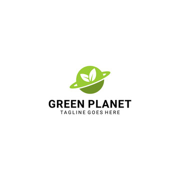 Illustration green planet with nature leaf sign logo design template