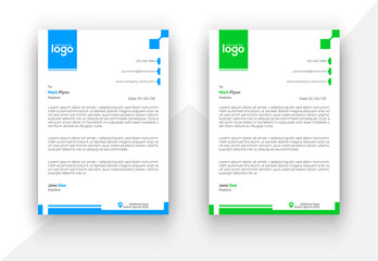 Professional letterhead template design. a4 letterhead corporate style. minimalist simple letterhead design in two color combinations green and blue.