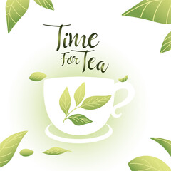 Naklejki  time for tea with cup and leaves vector design