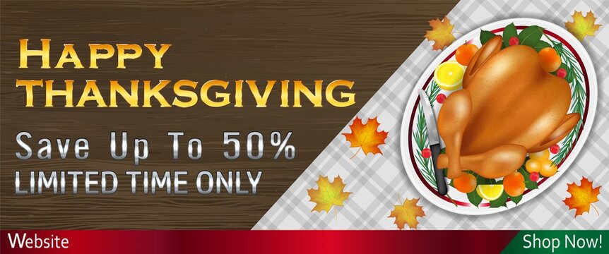 happy thanksgiving sale banner with grilled turkey on table