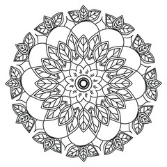 Floral and leafy mandala with a flower in the center and bunches of leaves, circular symmetrical pattern of natural elements, zen coloring page for children and adults